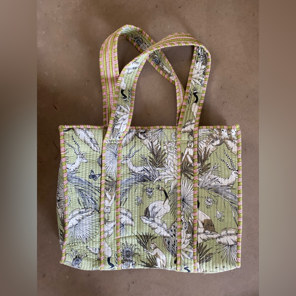 Quilted Tote Bag with Striped Trim